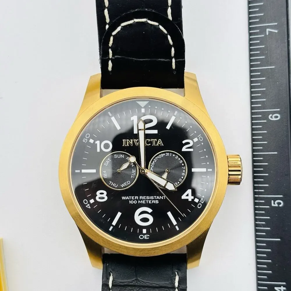 Invicta Chronograph #10491 Watch with Black Leather Band In Box. With Paperwork